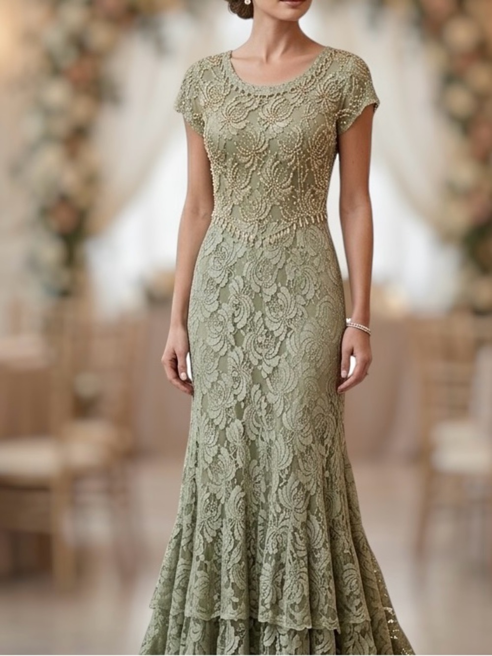 Lew Magram Beaded Pearl Floral Lace Sage Green Maxi Dress elegant formal gown M